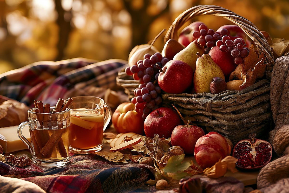 A late summer harvest of apples, and pears.